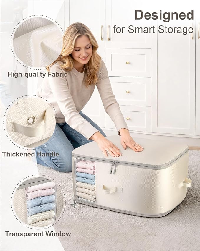 Comforter Storage Bag - 3-Layer 4-Pack Self Compression Organizer, Closet Organizers and Storage, Under Bed Space Saver, Blanket Organizer for Bedding, Pillow, Sheet, Clothes, Nursery Use