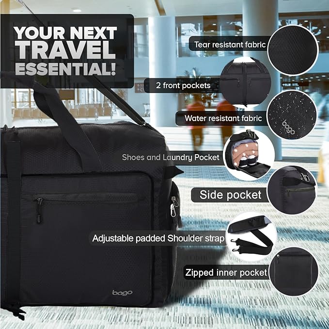 Bago Extra Large Duffle Bag for Travel Women & Men. Durable, Lightweight, Foldable Travel Duffel Bags For Traveling Women. 140L Duffle Bags Use As a Weekender Bag with Shoe Compartment, Checked Duffel