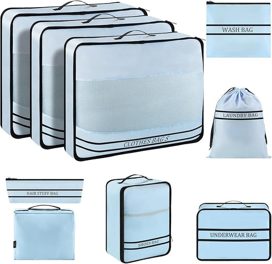 9 Set Packing Cubes Luggage Packing Organizers for Travel Accessories Space Saving Travel Bags for Carry On, Lightweight Mesh Zipper, Clothes, Shoes, Laundry and Shoe Bag, Suitcases (Blue)