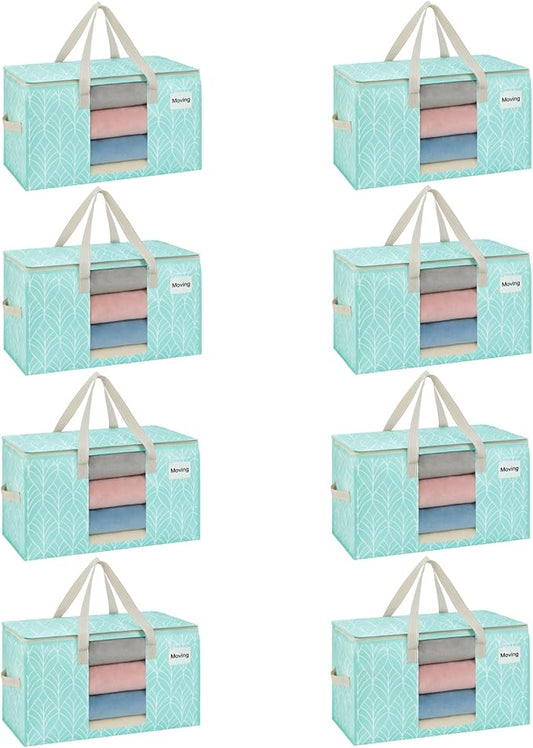 VENO 8 Pack Heavy Duty Moving Bags, Clothes and Comforter Storage Bags with Clear Window, College Dorm Essentials Packing Supplies, Foldable Boxes Alternative (Evergreen, 8 Pack)