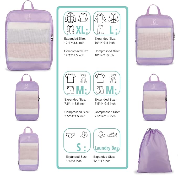 6/8 Sets Compression Packing Cubes for Travel, Bunnychill Portable Zipper Packing Cube for Cloting, Expandable Space Saver Storage Luggage Organizer Bags for Suitcases