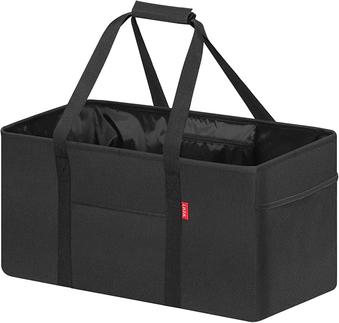 LHZK 2 Pack Extra Large Utility Tote Bag with Metal Wire Frame and the Sides Rinforced, Extra Large Tote Bag with Handle, Reusable Grocery Bags Foldable, Beach Bag, Car Tote (Black, 26''x15''x13'')