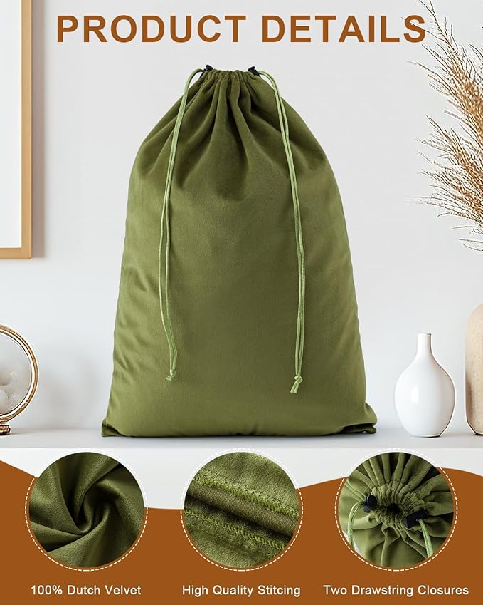 FantasyLife Shoe Bags for Travel, Washable Dust Bags for Storage & Packing, Flannel Shoe Pouch with Drawstring Closure for Purses, Handbags, Shoes & Toys (2, Sage Green, 17.3"x12.6")