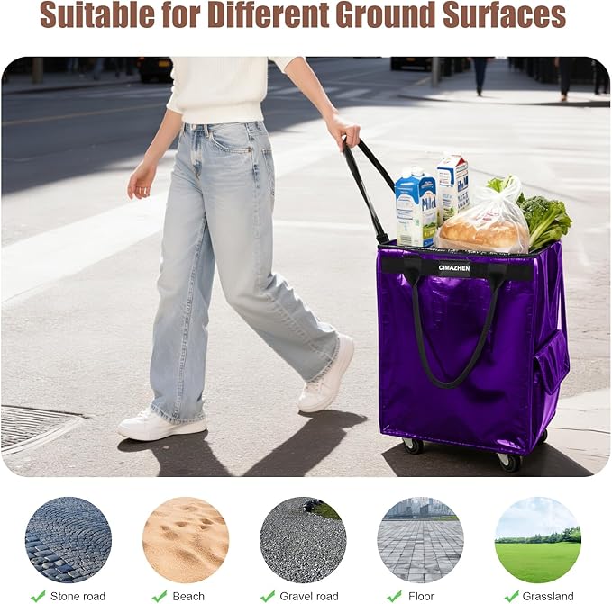 (Medium,Purple) Reusable Grocery Bag on 4 Wheels, Foldable Rolling Tote Bag with 3 Handles and Zipper, Storage Organizer for Groceries, Rolling Shopping Cart for Travel, 76lb