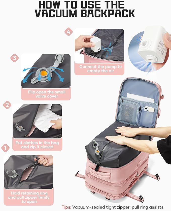 wepadre Vacuum Backpack Travel with Pump Travel Backpack with Vacuum System Expandable Vacpack Compression Backpacks for Travel Easy Vac Pack Carry on Luggage