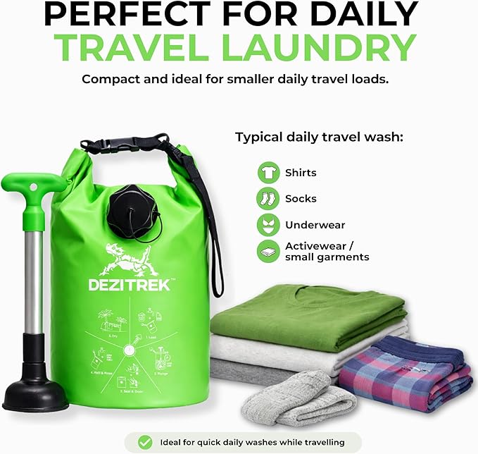 All in One Hand Wash Bag and Plunger Set - Off Grid Washing Machine Non Electric for Camping Travel | Eco Friendly Portable Manual Clothes Washer Laundry Bag for RV's (Medium)
