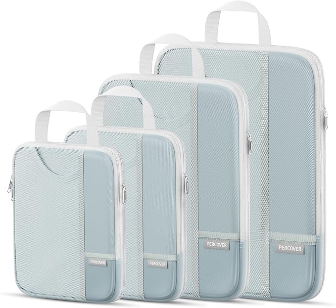 Percover Compression Packing Cubes for Travel, 4-Piece Structured Compression Organizer Set with Label Pockets for Carry-On & Checked Luggage, Slate Blue
