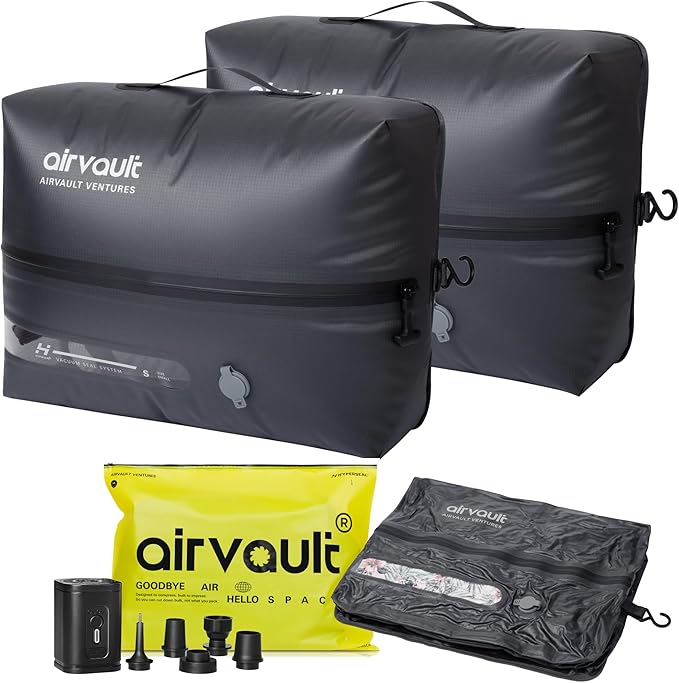 AirVault Reusable Vacuum Compression Travel Bag for Carry-On Suitcase and Backpack, Recycled IP67 Waterproof Space Saver Vacpack (18L Gray (2-Pack) (Air Pump Included)