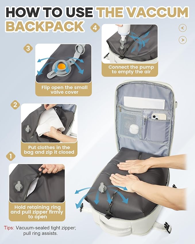 WONHOX Vacuum Seal Travel Backpack with Air Pump,Compression Vacpack Waterproof Carry On Backpack for Travel Women Men with Vacuum System,Airlines Approved Daypack Laptop Space Saver Bags,MoonWhite