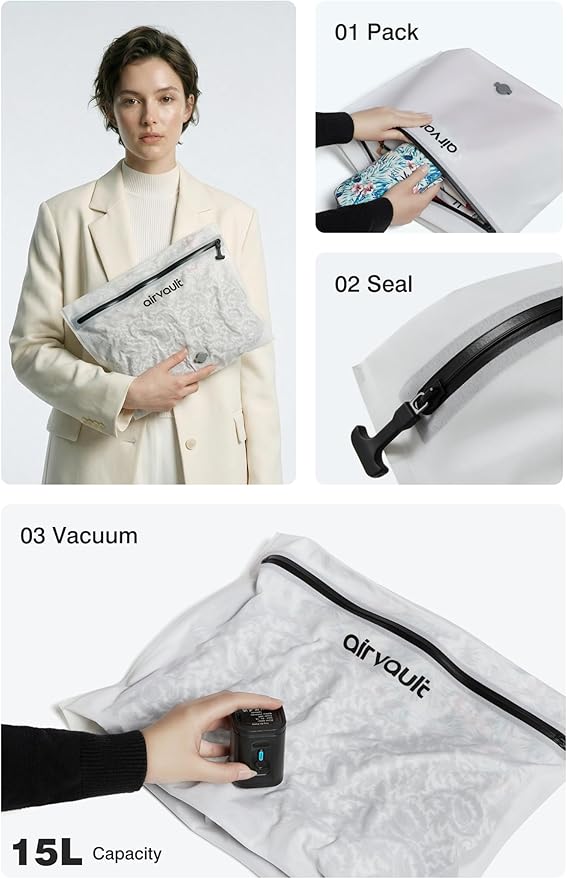 AirVault Premium Reusable Vacuum Seal Storage Bag for Carry On Suitcases & Backpack, Space Saver Airline Travel Vacpack, Pump Included (15L Flat, 1-Pack)