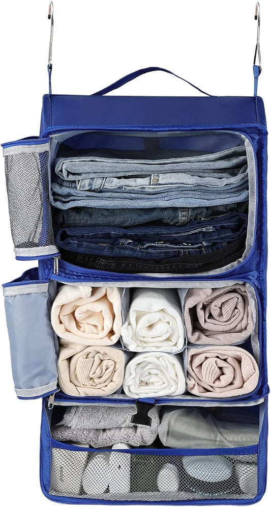 Surblue Hanging Shelves Travel Storage Bag Compression Packing Cube for Suitcase Collapsible with Extension Layer Large Capacity, Blue,XL