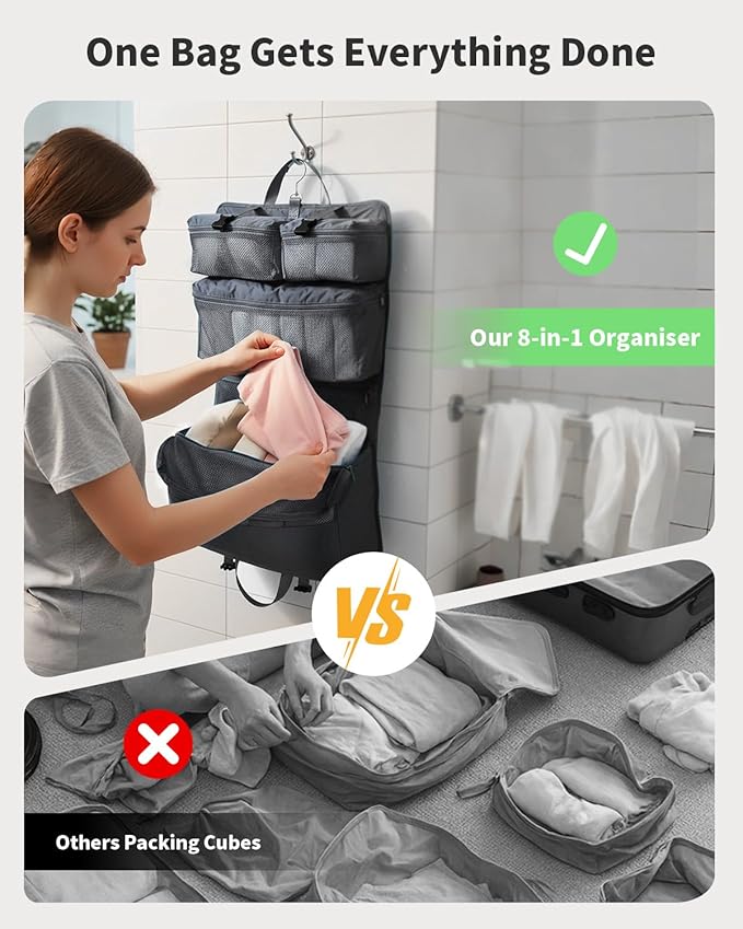 ECOHUB 8-in-1 Hanging Packing Cubes, Foldable Travel Storage Bag, Travel Organizer Expandable Packing Cube for Suitcase or Luggage (Grey)