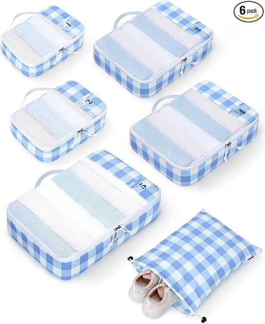 ECOHUB 6 Set Packing Cubes for Travel Durable Suitcase Organizer Bags Set with Personalized Tag Travel Essentials with Shoe Bag Traveling Accessories for Luggage Machine Washable,Light Blue