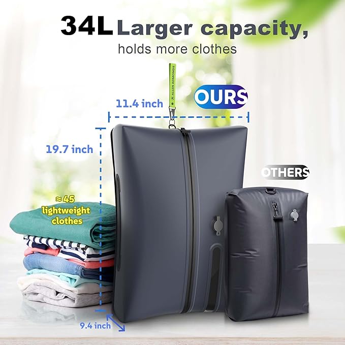 Extra Large Vacuum Bags for Travel with Electric Pump,34L Waterproof Compression Bags for Carry On Suitcases and Backpack for Air Travel Vacation Camping Boating Outdoor Sports 1 Pack