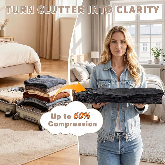 ONTYZZ Vacuum Bags for Travel, IPX8 Waterproof Space Saver Vacpack, GRS Certified Recycled Compression Bag with Pump (2PC Dark Black)