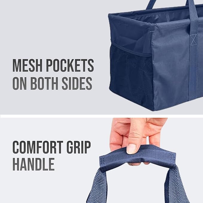 Extra Large Utility Tote Bag - Oversized Collapsible Reusable Wire Frame Rectangular Canvas Basket With Two Exterior Pockets For Beach, Pool, Laundry, Car Trunk, Storage - Navy Blue