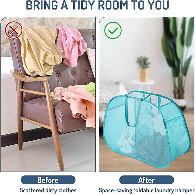 Seiritex Mesh Popup Laundry Hamper 2 Compartment, Collapsible Laundry Sorter Basket Foldable Hamper for Clothes, College Dorm, Travel (Turquoise Blue)