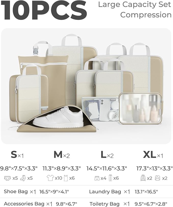 Percover Compression Packing Cubes for Travel, 10-Piece Structured Compression Organizer Set with Toiletry Bag, Laundry Bag & Shoe Bag for Carry-On & Checked Luggage, Camel