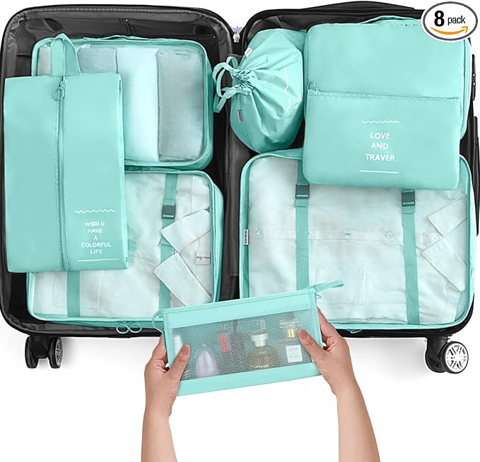KPX 8 Set Packing Cubes for Travel, Luggage Packing Organizers Accessories Large Toiletries Bag for Clothes Shoes Cosmetics (Blue)