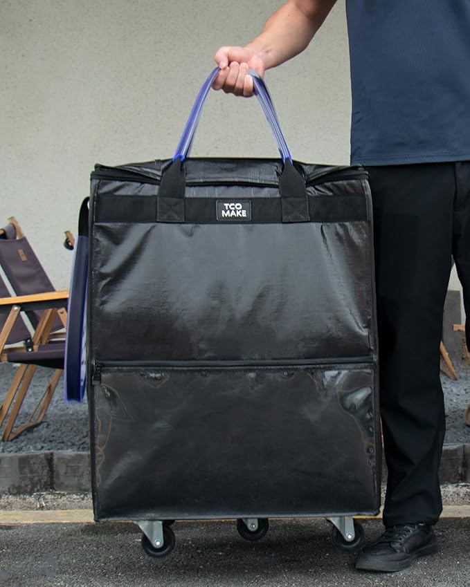 (Large, Black) Reusable Grocery Bag on Wheels, Shopping Bags with Wheels and Handle, Folding Rolling Tote, Zipper Cover, Carries Up to 76 LBS, for Laundry, Picnic