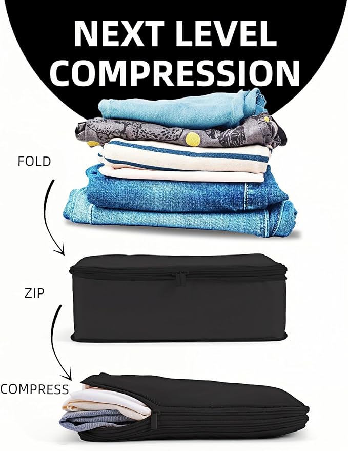 6 Set Compression Packing Cubes for 7–14 Day Travel, Durable Nylon Oxford Luggage Organizers with IP6X Waterproof Toiletry Bag, Expandable Suitcase Packing System (Jet Black)