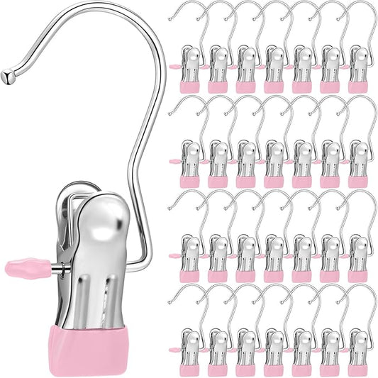 150 Pcs Boot Hangers Clips Laundry Hooks Hanging Stainless Steel Clothes Pins Portable Clip Hangers for Closet Travel Socks Pants Handbags Hats Towels (Pink)