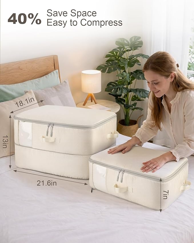Comforter Storage Bag - 2-Layer 4-Pack Self Compression Organizer, Closet Organizers and Storage, Under Bed Space Saver, Blanket Organizer for Bedding, Pillow, Sheet, Clothes, Nursery Use