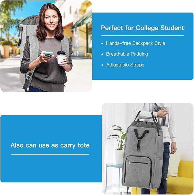 Bukere Laundry Backpack Bag, Extra Large 2 in 1 Laundry Hamper Basket for College Students Dorm Essentials, Adjustable Shoulder Straps, Freestanding Laundry Bag(Grey&Grey)