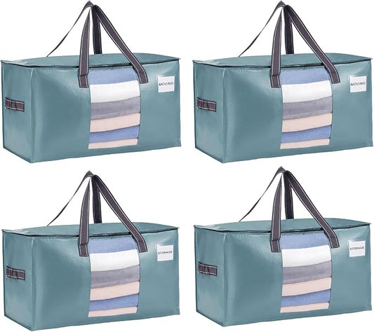 VENO 4 Pack Heavy Duty Moving Bags, Clothes and Comforter Storage Bags with Clear Window, College Dorm Essentials Packing Supplies, Foldable Boxes Alternative (Shiny Light Blue, 4 Pack)