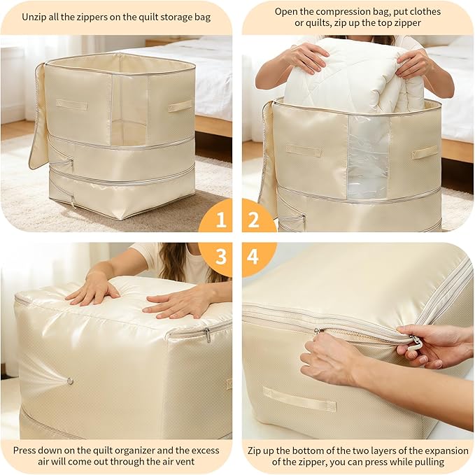 6 Pack Upgrade Comforter Storage Bag with Handle, Space Saving 3-Layer Adjustable In 3 Sizes (142L, 107L, 71L), Compression Blanket Storage Bags, Washable Bedding Organizer For Pillow Duvet Clothing