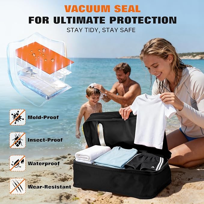 Vacuum Bags for Travel with Wired Pump, Travel Compression Bags for Clothes, 180° Open Zipper, Save 80% Space, IP68 Waterproof Travelpack Vacuum Kit for Luggage, Suitcase, Home Storage (2 Pack + Pump)
