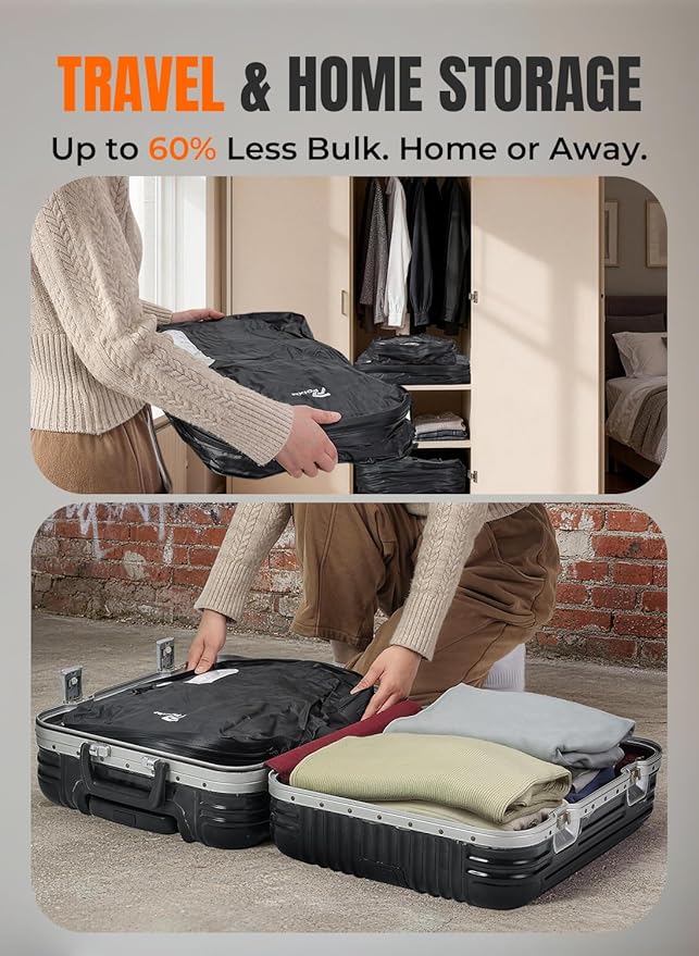 Vacuum Bags for Travel with Wireless Pump, 180° Open Zipper, IP67 Waterproof, Reusable Space Saver Compression Bags for Backpack, Suitcase, Home Storage(1 Pack + Pump)