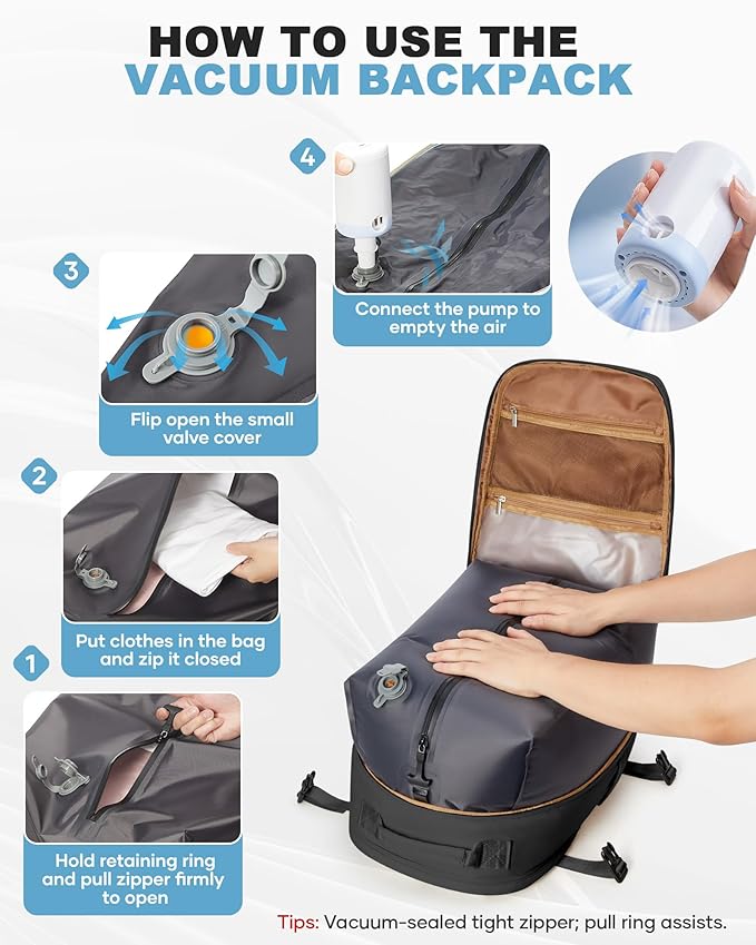 coofay Vacuum Backpack Travel with Pump Vacpack Backpack with Vacuum System Travel Compression Backpacks for Women Mochila De Viaje Carry on Luggage