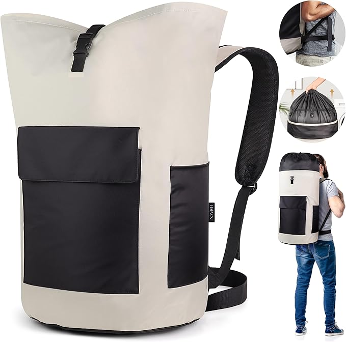 Haevon Laundry Backpack - 131L Heavy Duty Laundry Bag with Padded Shoulder & Waist Straps, Removable Liner College, Dorm, Apartment, Travel, Outdoor - Big Laundry Bag for Easy Carrying (Grey Black)