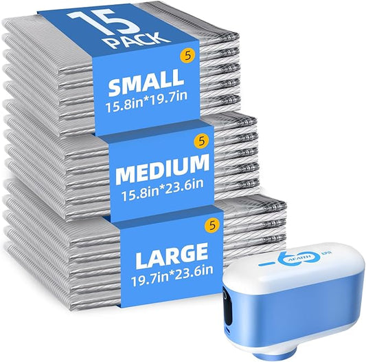 Vacuum Storage Bags with -60000Pa USB Pump,15 Pack Vacuum Seal Bags for Clothing Travel in 3 Sizes,Compression Packing Cubes Organizer Storage for Packing,Luggage and Seasonal (15 Combo)
