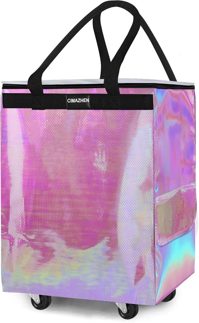 (Medium,Mermaid) Reusable Grocery Bag on 4 Wheels, Foldable Rolling Tote Bag with 3 Handles and Zipper, Storage Organizer for Groceries, Rolling Shopping Cart for Travel, 76lb