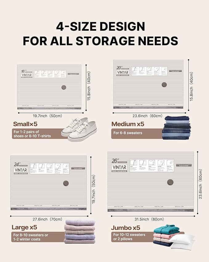 Vacuum Seal Bags for Clothing Travel with Rechargeable Cordless Pump, VINTAR 20 Pack Space Saver Vacuum Storage Bags(5J+5L+5M+5S), Compression Packing Bags for Luggage and Suitcase