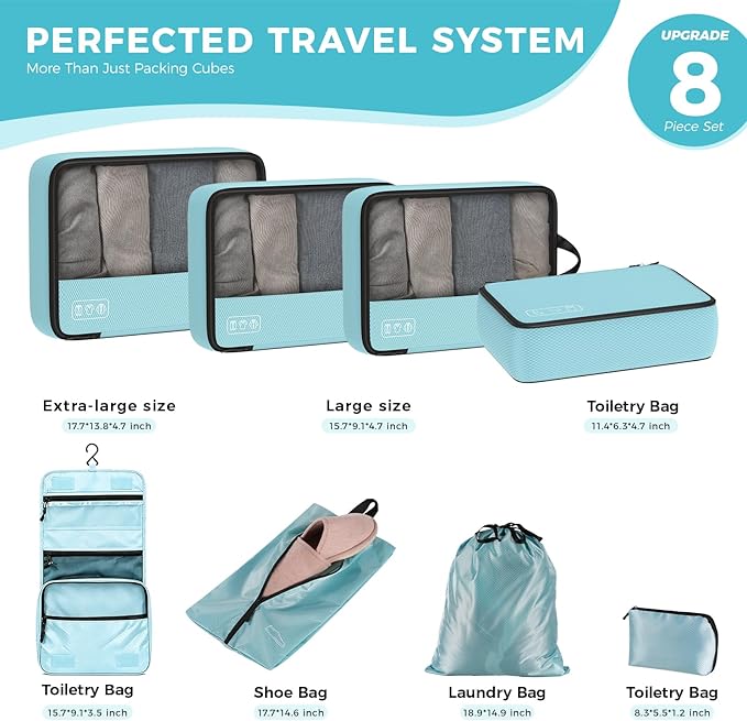 Compression Packing Cubes Set, Versatile 8pc Travel Essential Packing System- Lightweight Travel Organizers for Family & Business Travel, Space Save for Backpack, Duffel & Suitcase- Blue
