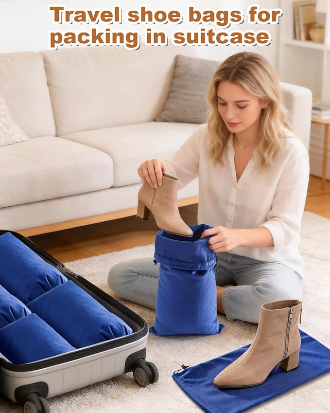 6 Pcs Single Shoe Bags for Travel, 17.3"x8.6" Washable Travel Shoe Bags for Packing in Suitcase, Velvet Dust Bag with Drawstring, Shoe Pouch for Women and Men, Travel and Home Storage(Palace Blue)