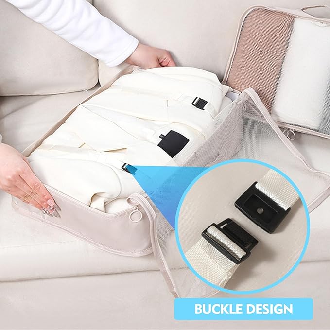 8 Set Packing Cubes for Suitcases, INVODA Travel Luggage Packing Organizers with Laundry Bag, Compression Storage Shoe Bag, Clothing Underwear Bag (Beige)