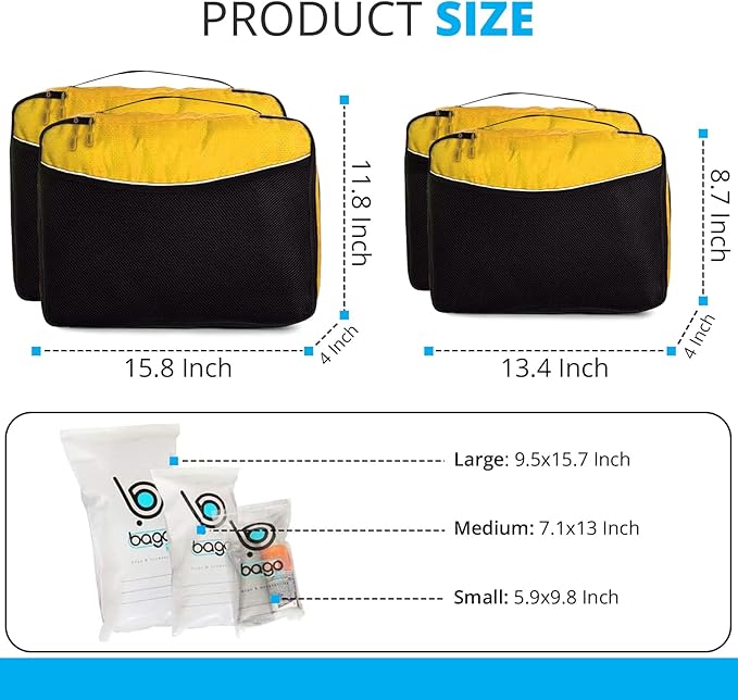 bago 7 Pcs Packing Cubes for Suitcases - 4 Travel Cubes with 3 ZipLock Bags - Luggage Organizer Bags to Get Maximum Storage, Save Time & Effort to Pack - Happy Traveling (Yellow)