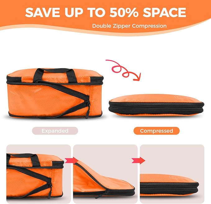 8-Piece Compression Packing Cubes for Travel, Bright & Lightweight Luggage Organizer System for Outdoor Travel & Adventure, Space Save for Backpack, Duffel Bag & Suitcase- Orange