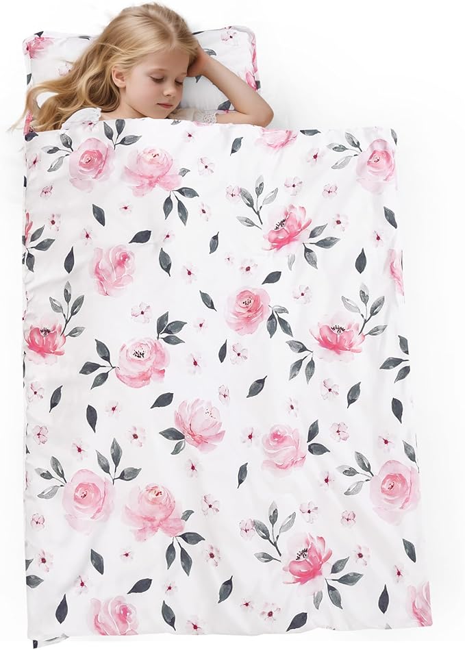 PHF Floral Toddler Nap Mat Set, with Removable Pillow for Toddler Girls, Soft and Lightweight for Daycare, Preschool, Travel, Kindergarten Sleeping Bag, Fits Ages 3-6 Years, Pink Floral
