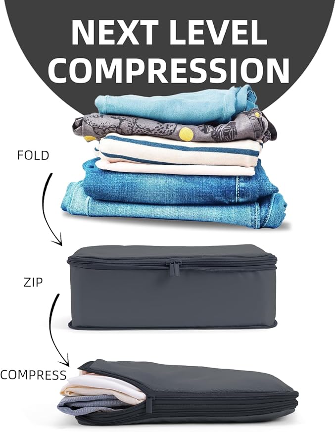 6 Set Compression Packing Cubes for 7–14 Day Travel, Durable Nylon Oxford Luggage Organizers with IP6X Waterproof Toiletry Bag, Expandable Suitcase Packing System (Charcoal Gray)