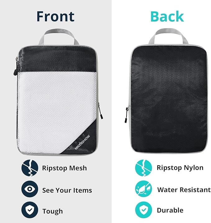 NICOSHOW 6 Set Compression Packing Cubes for Travel - Compressible, Lightweight, and Space-Saving Packing Cubes, Travel Essentials for Women, Black