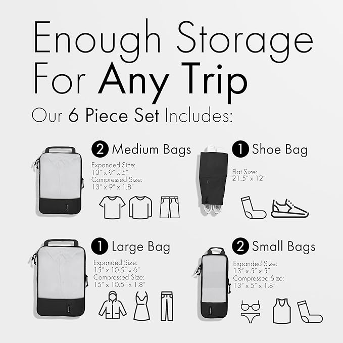(Not Made In China) 6pc Compression Packing Cubes For Travel, Suitcase and Luggage Space Saver Organizer Bags, Lightweight, Waterproof, Durable, Black