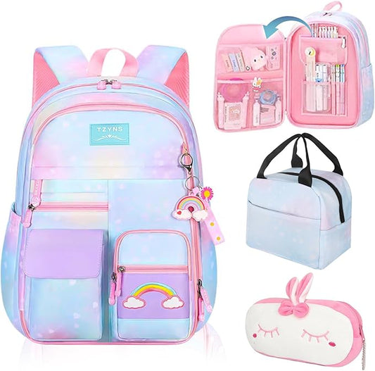 Starry Rainbow Backpack Kawaii School Students Backpack Cute Large Capacity Kids Bookbag Multifunction Fashion Casual Laptop Travel Bag For Boy Girl (Blue-17inch)