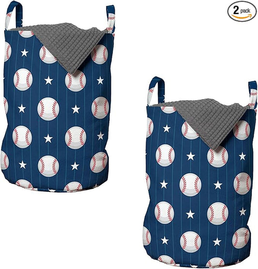 Ambesonne Sports Laundry Bag Pack of 2, Baseball Patterns on Vertical Striped Background Stars Design, Hamper Basket with Handles Drawstring Closure, 13" x 19", Blue Red