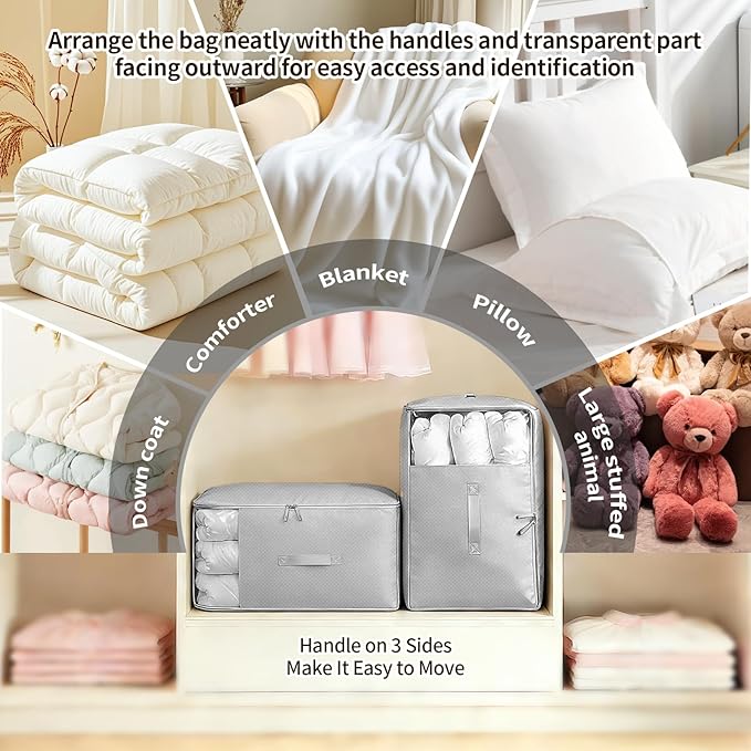 2 Pack Upgrade Comforter Storage Bag with Handle, Space Saving 3-Layer Adjustable In 3 Sizes (142L, 107L, 71L), Compression Blanket Storage Bags, Washable Bedding Organizer For Pillow Duvet Clothing