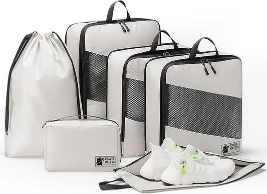 Compression Packing Cubes for Travel, 6-Piece Luggage Organizer Set, 3 Expandable Packing Cubes + Shoe Bag + Laundry Pouch + Toiletry Bag, Lightweight Travel Organizers for Carry On & Suitcase